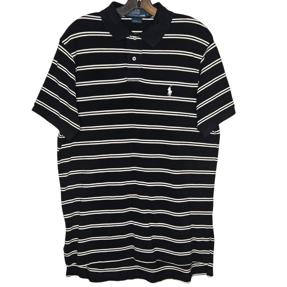 Polo Ralph Lauren Y2K Men XL Black Striped Polo Shirt Custom Fit White Pony Logo